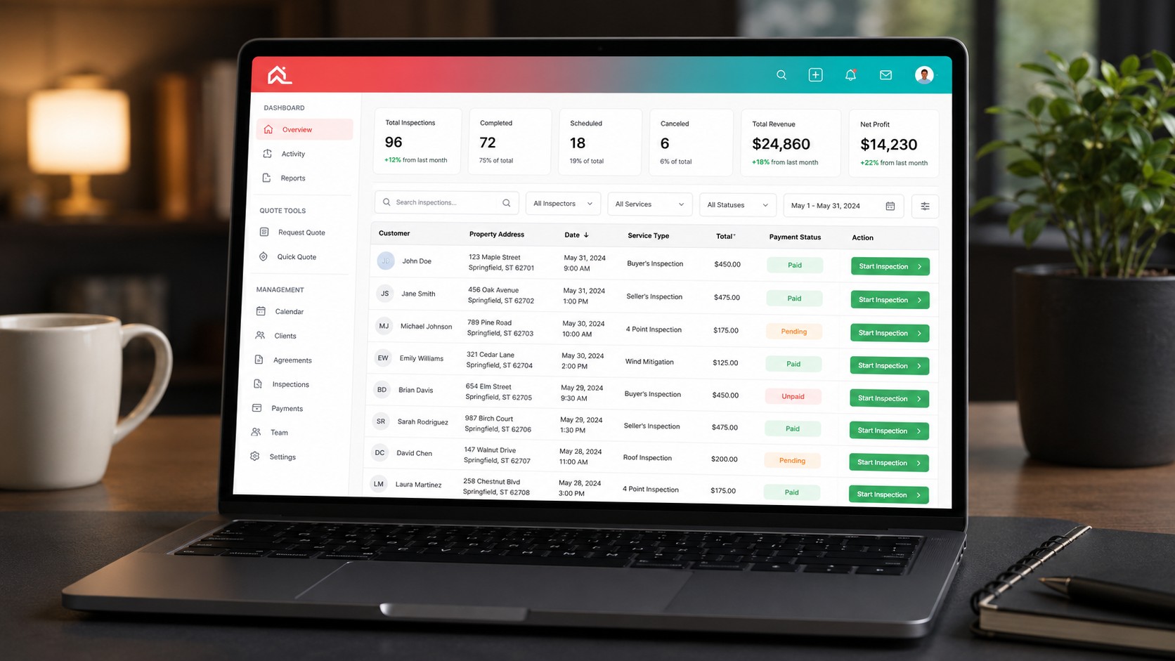 InspectorData all-in-one home inspection software dashboard on a laptop, showing scheduling, client records, and report data in one platform for $79 per month