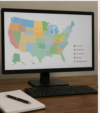 Map of US home inspector license requirements by state