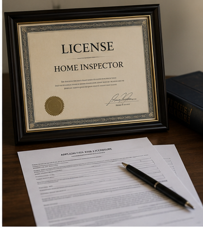 Home inspector reviewing state licensing paperwork and scheduling software