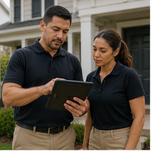 Diverse home inspector team reviewing an inspection on a tablet outside a house, illustrating an accessible inspection career