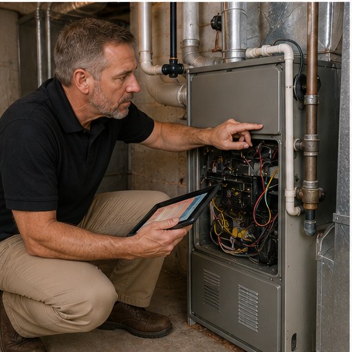 Home inspector using his kit to inspect an HVAC furnace, illustrating the core equipment a new inspector needs