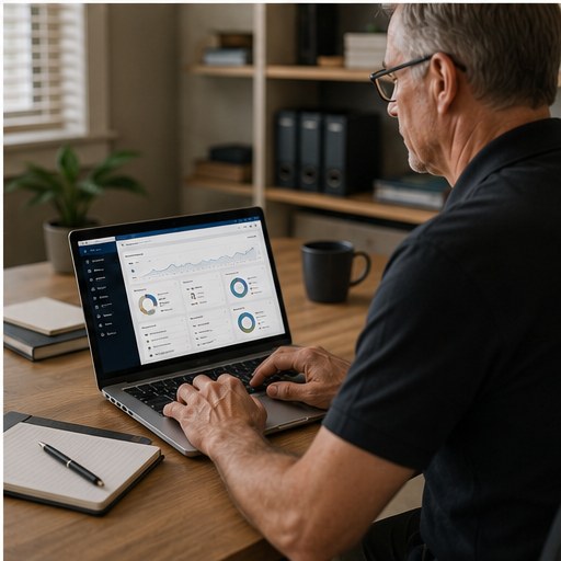 Home inspector writing an inspection report on a laptop at a home-office desk