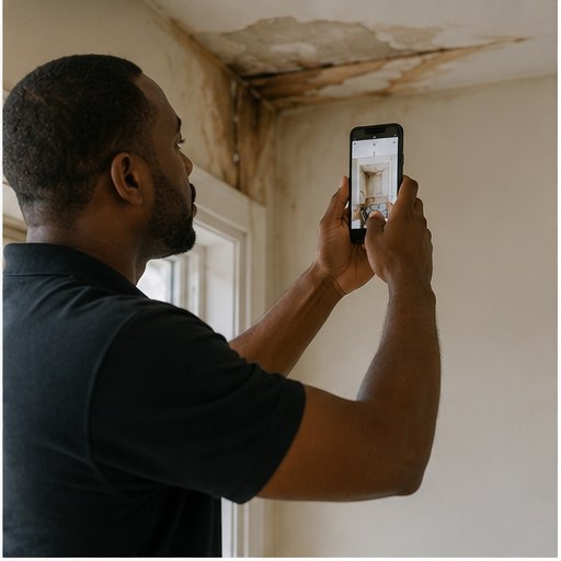 Home inspector photographing an exterior defect with his phone during a morning property inspection