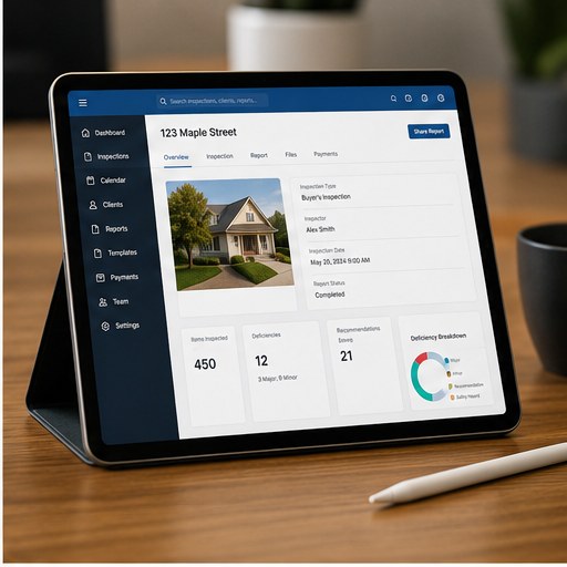 InspectorData home inspection software on a tablet showing a property report, the same platform that powers online client booking