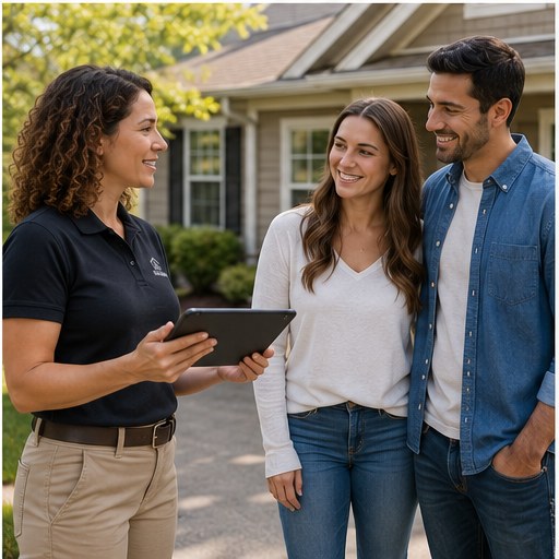 Home inspector building rapport with a happy client couple, the relationships that lead to agent introductions