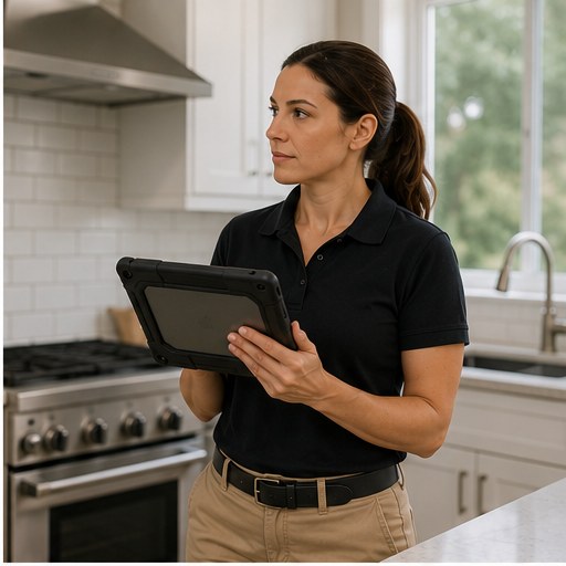 Female home inspector documenting kitchen condition on a tablet during a room-by-room inspection