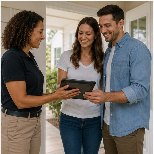 Home inspector handing a tablet inspection report to a client couple, the kind of exceptional service that earns loyal agent referrals