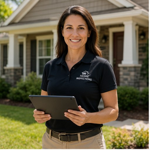 New home inspector with a tablet in front of a house, ready to start booking her first inspections
