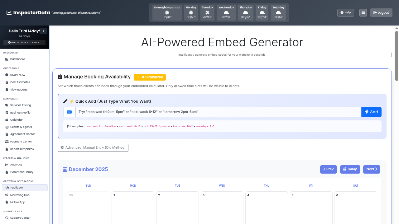 InspectorData API connections showing multiple integrated services