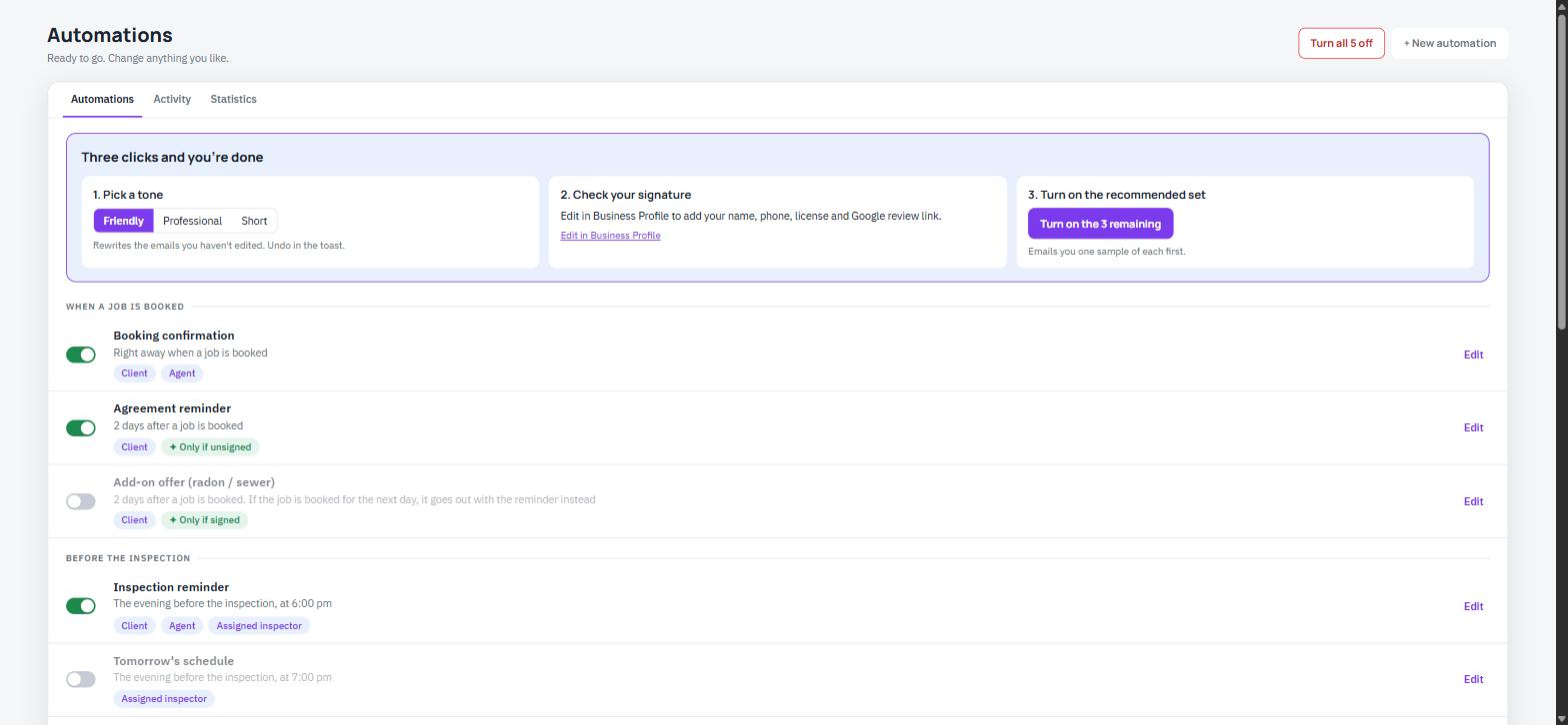 InspectorData Automations screen listing booking, reminder and payment emails with on/off switches