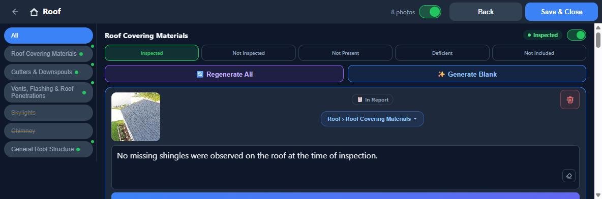 Roof category in landscape: subcategories listed on the left, Inspected, Not Inspected, Not Present, Deficient and Not Included buttons with a roof photo and comment on the right