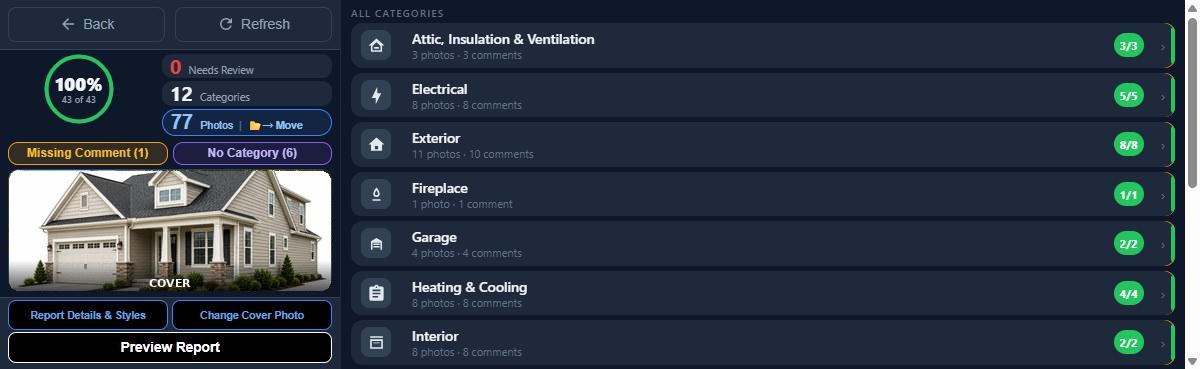Build Report on Phone in landscape: 100 percent progress ring, Needs Review, Categories and Photos counts and cover photo on the left, inspection categories on the right