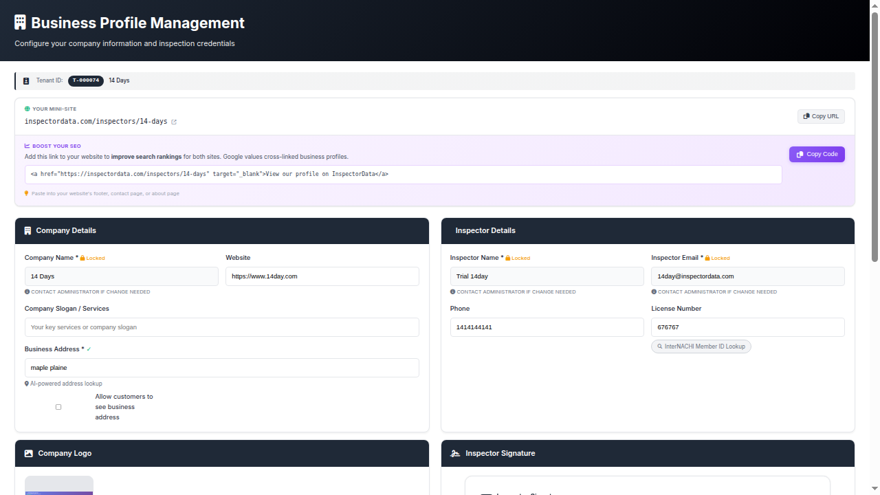 InspectorData business profile showing company logo and branding settings