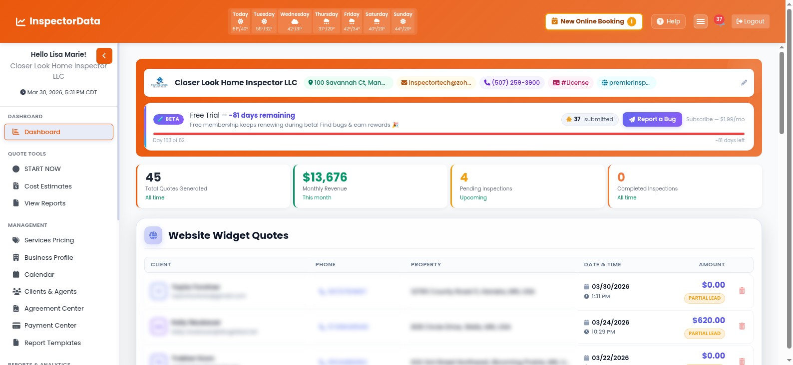 InspectorData all-in-one home inspection software dashboard showing upcoming inspections list, client management panel, monthly revenue analytics chart, and quick-access buttons for reports scheduling agreements and payment processing tools in a unified interface