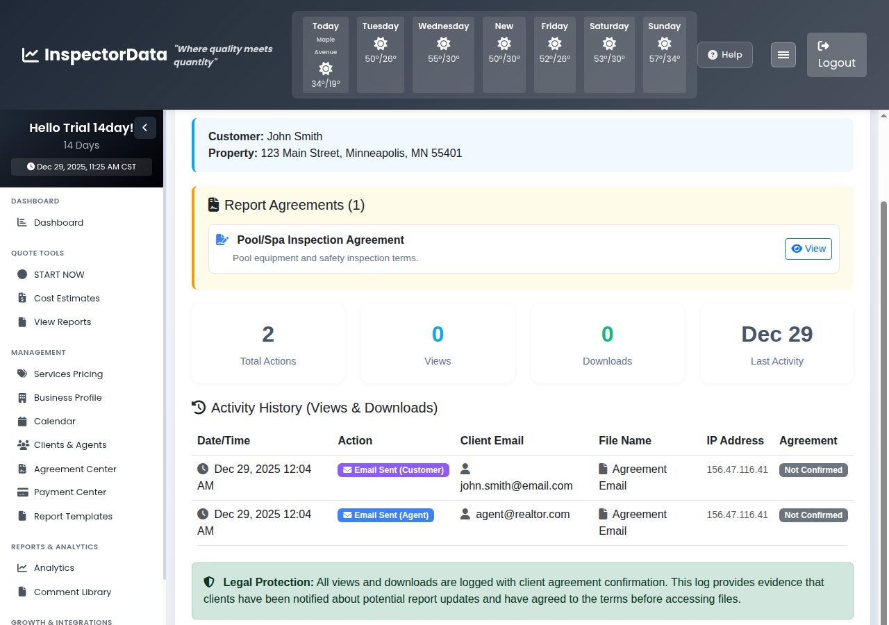 InspectorData report delivery showing email notification and online viewing