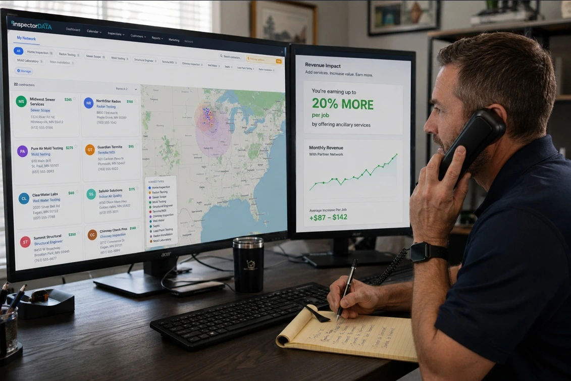 InspectorData partner network dashboard — subcontractor management with interactive service-area map, contractor profiles for radon, sewer scope, mold and WDI, rate tracking, job history, and revenue impact showing 20% more per job
