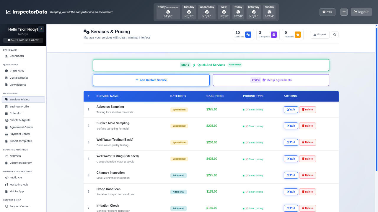 InspectorData pricing configuration showing service rates and square footage tiers