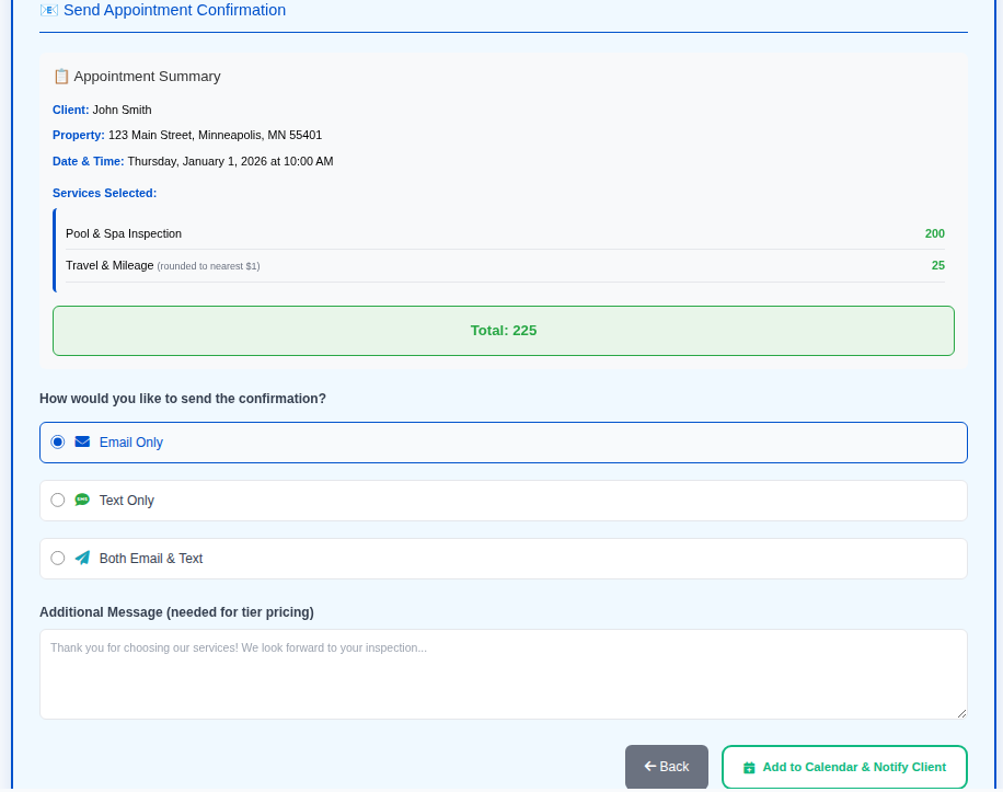 InspectorData Send Appointment Confirmation screen showing John Smith at 123 Main Street Minneapolis, Thursday January 1 2026 at 10:00 AM, Pool & Spa Inspection $200, Travel & Mileage $25, Total $225, with Email Only Text Only and Both Email & Text notification options