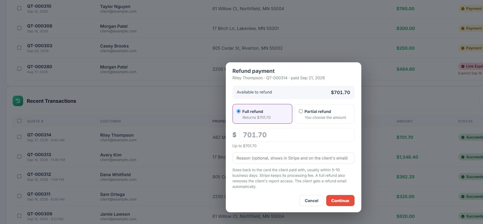 Refund payment window in InspectorData Payment Center with full and partial refund options