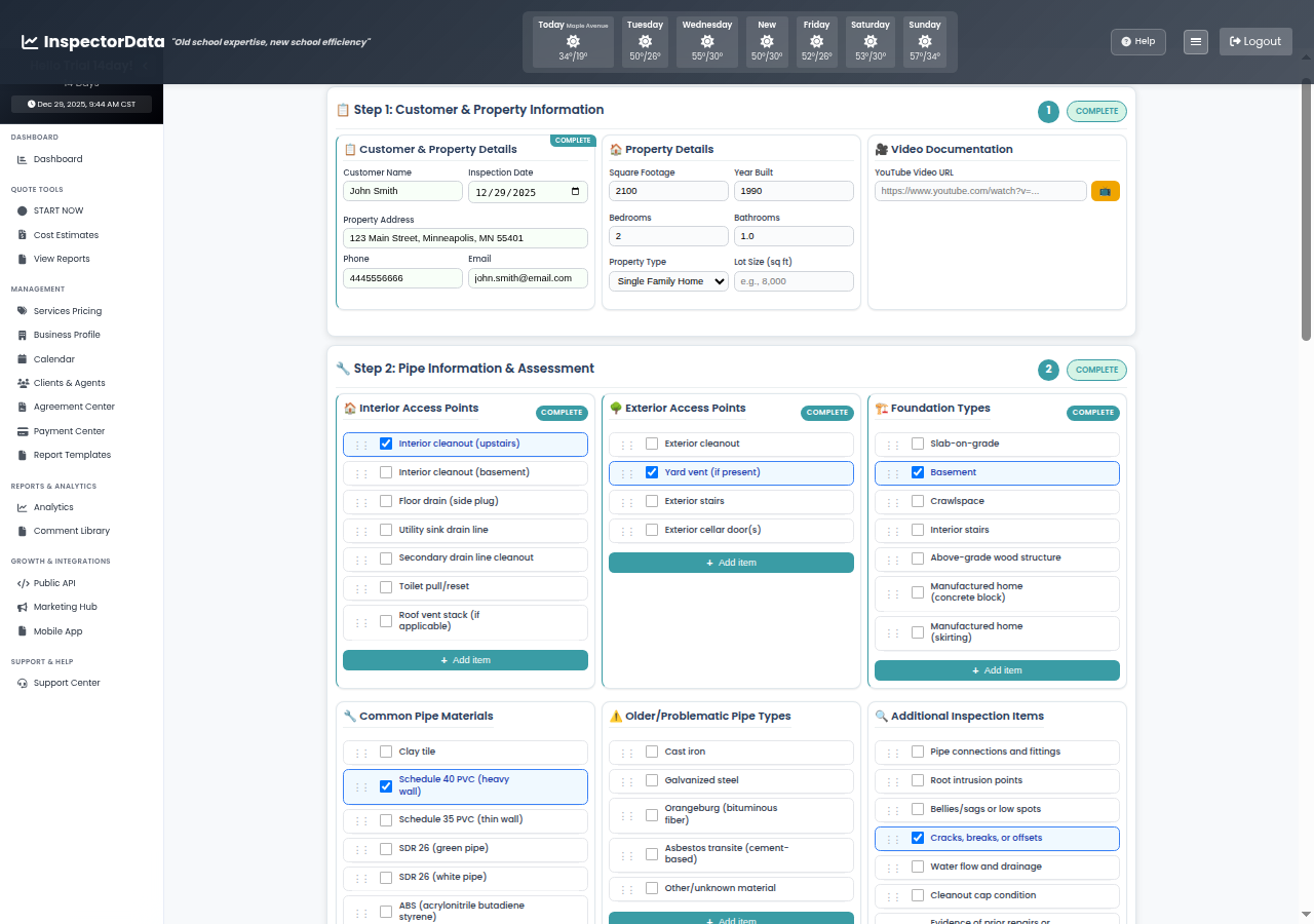 InspectorData sewer scope report showing pipe condition documentation