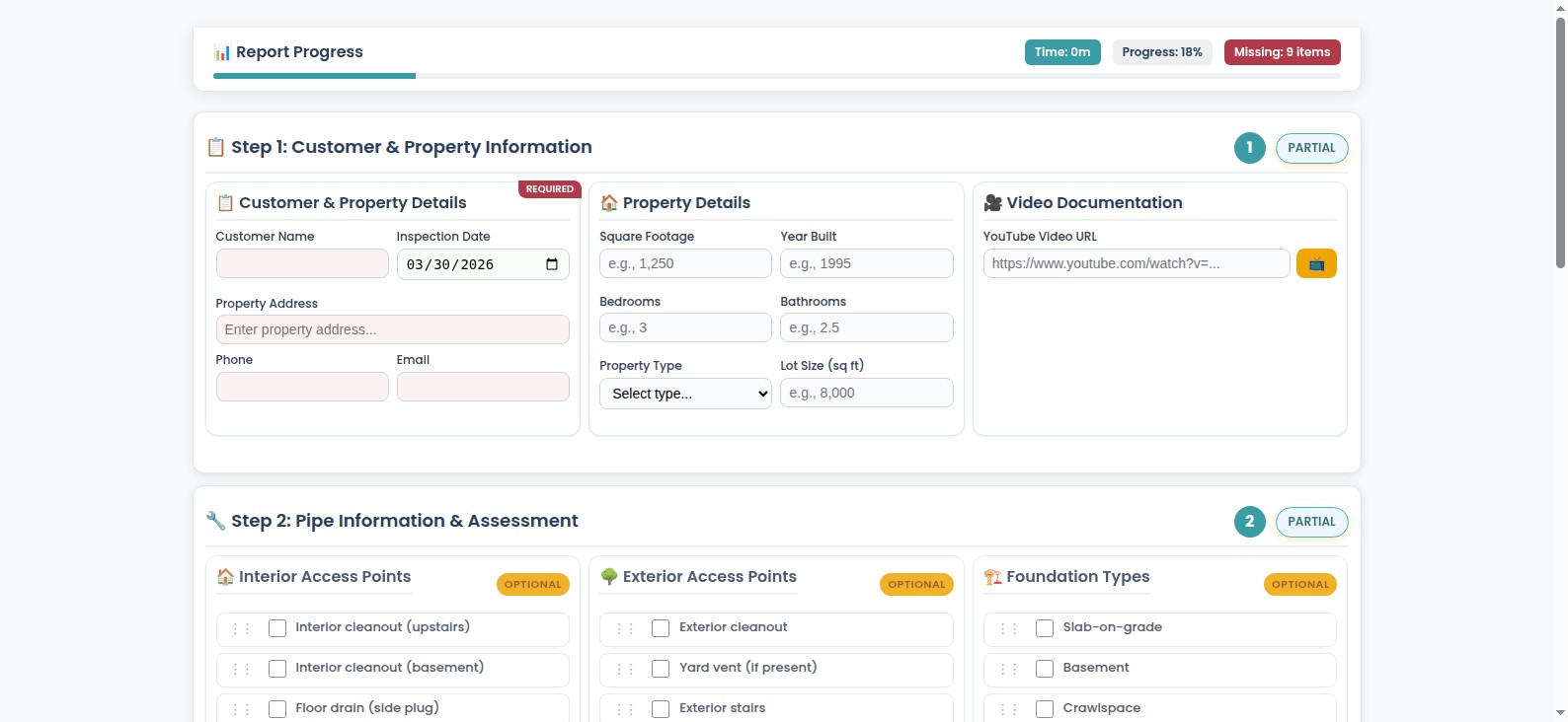 InspectorData sewer scope inspection form showing pipe material selection dropdown with clay tile PVC cast iron and Orangeburg options, property address fields, pipe diameter and age inputs, and access point documentation for professional sewer line inspection reporting