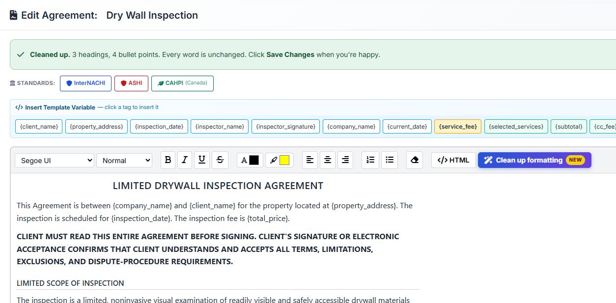 Agreement Center showing the same agreement after clean-up, with headings, bullets, and the green 'Cleaned up. Every word is unchanged.' confirmation bar