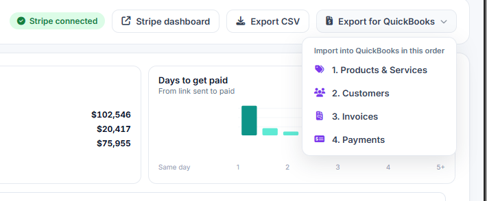 Export for QuickBooks menu in the InspectorData Payment Center
